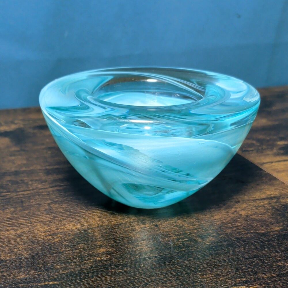 Kosta Boda ATOLL Votive Candle Holder Teal Turquoise Swirl Glass Art